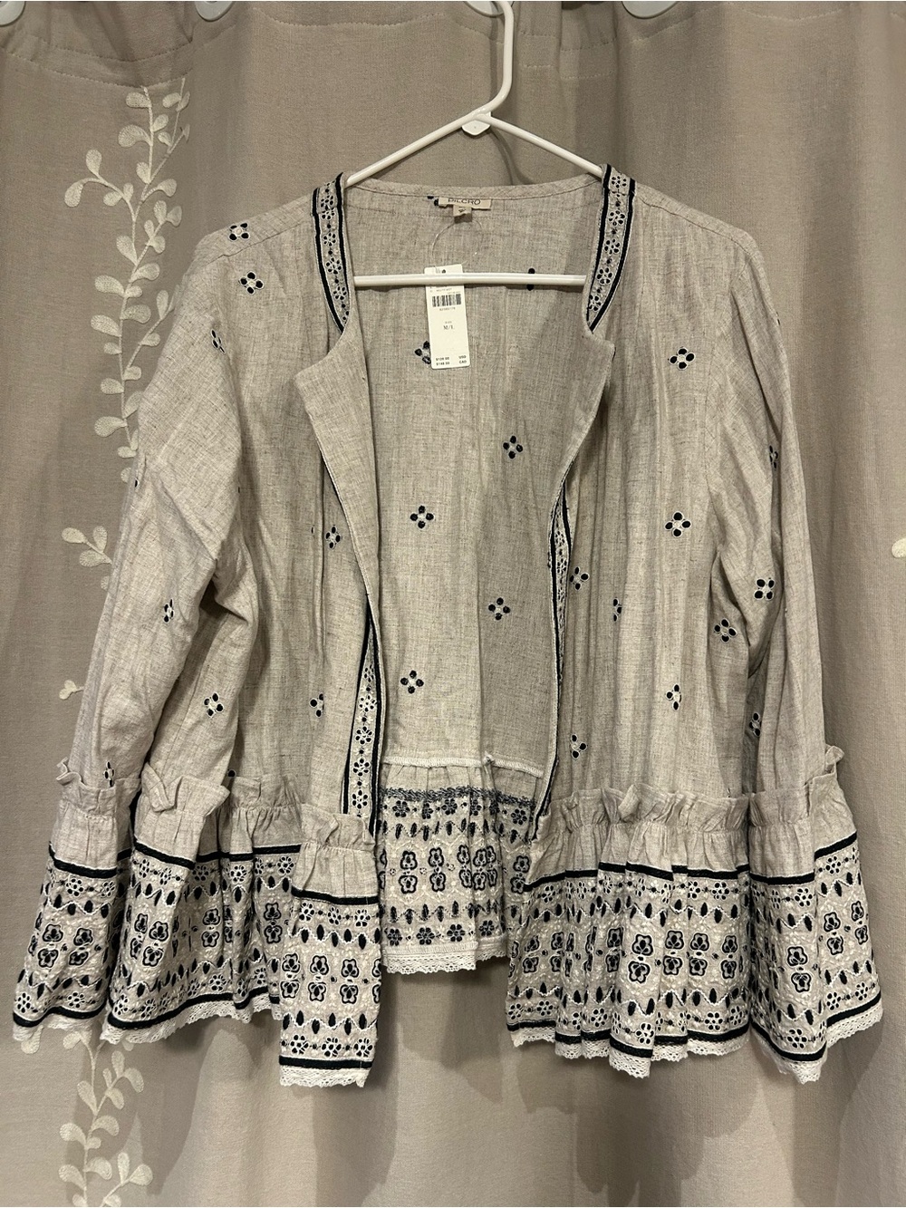 Pilcro Light Beige Embroidered Peplum Jacket with Navy Trim
